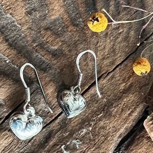 Artisan Etched Sterling Heart Earrings Dangles Hooks Vintage Engraved 1”